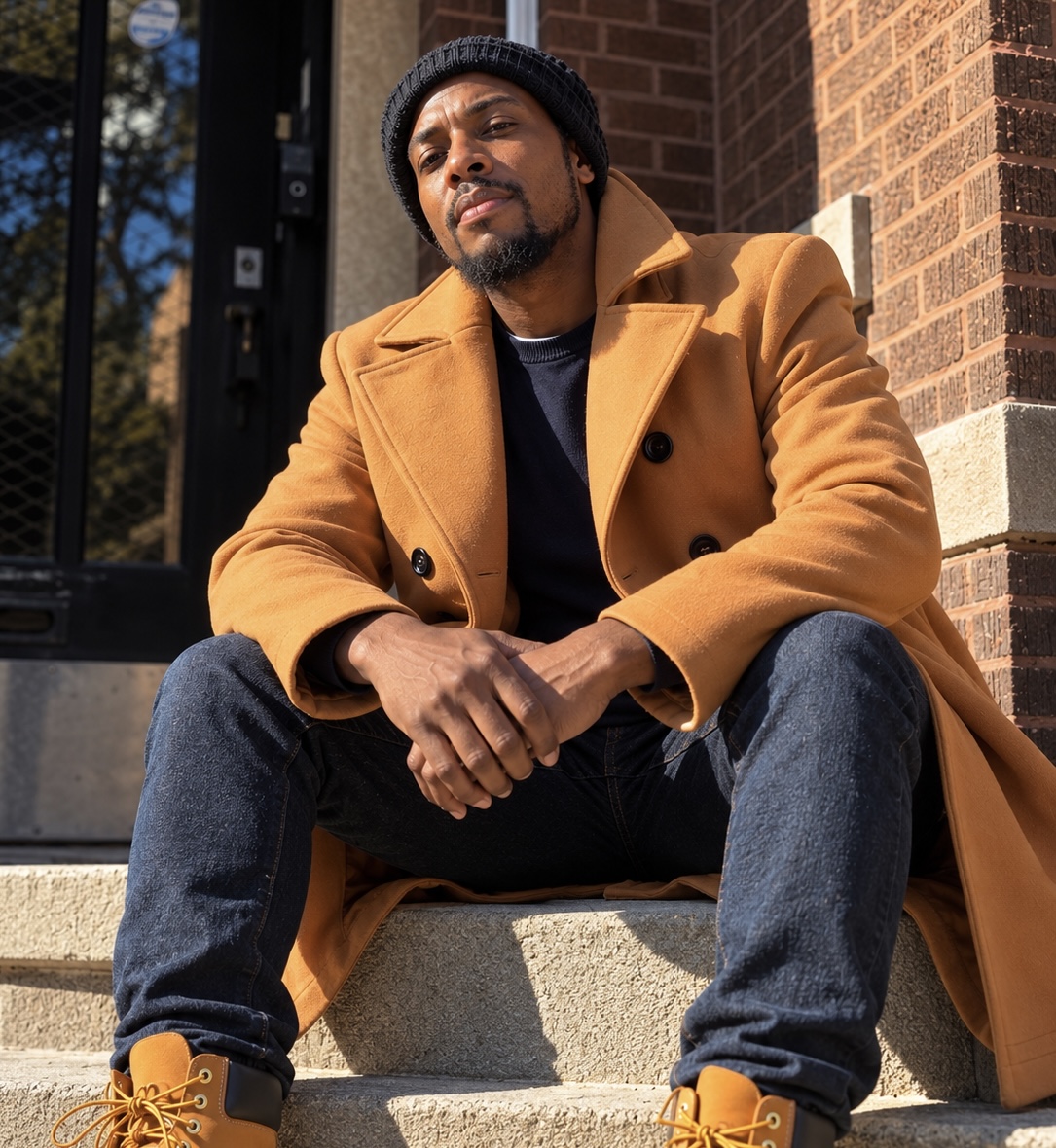 Sampson Montgomery seated on stone steps in a tan overcoat
